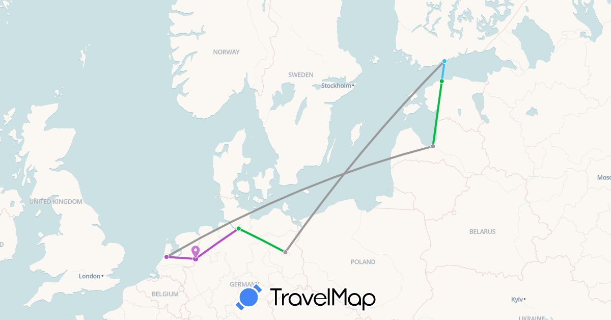 TravelMap itinerary: driving, bus, plane, train, boat in Germany, Estonia, Finland, Latvia, Netherlands (Europe)